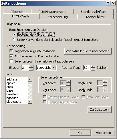 'Bestehende HTML erhalten' im Dialog 'Seitenoptionen' ist aktiviert.